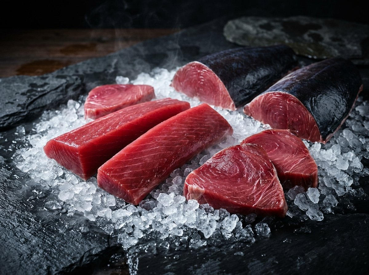 Yellowfin tuna whole fish, loins, and sliced portions